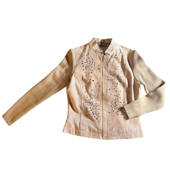 Coldwater Creek Vintage Suede Leather Rib Knit Jacket in Tan Camel, Petite Small - Picture 1 of 11